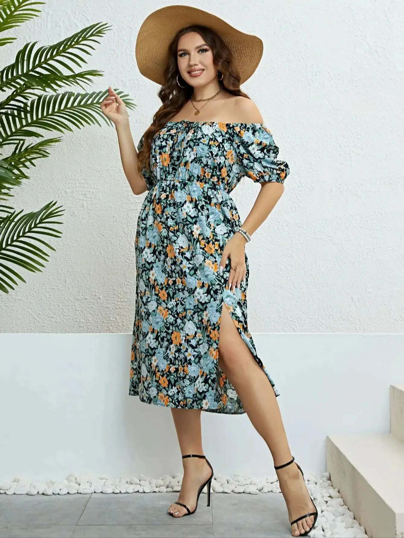 Plus Size Floral Print Puff Sleeve Midi Dress - Y2K Summer Boho Holiday Grunge Outfit