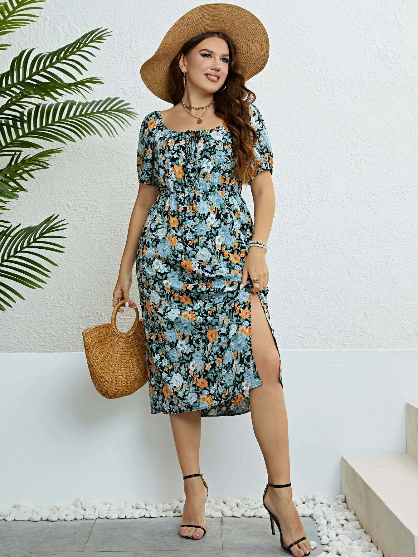 Plus Size Floral Print Puff Sleeve Midi Dress - Y2K Summer Boho Holiday Grunge Outfit