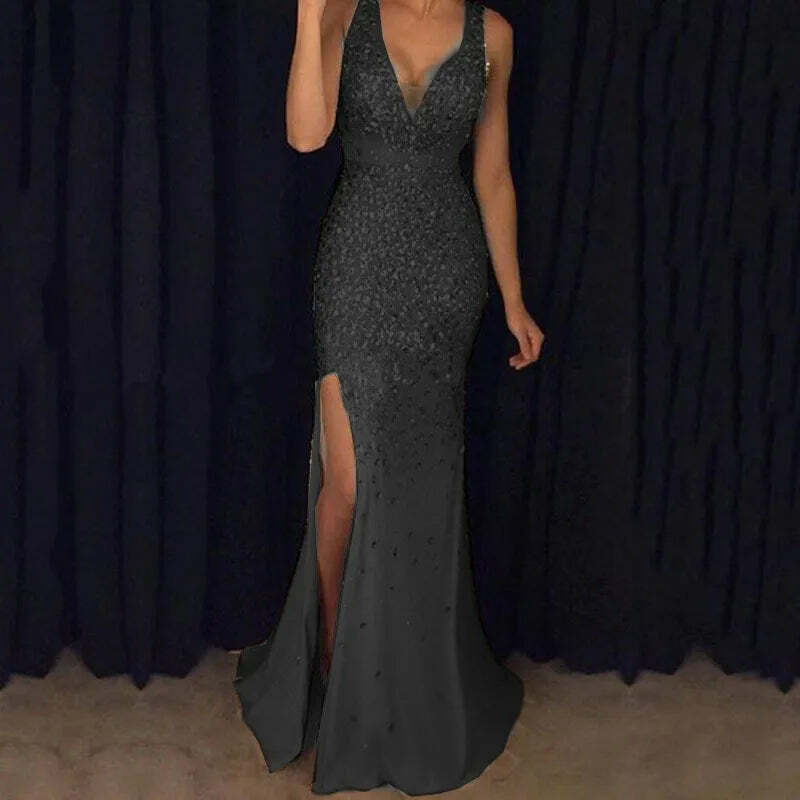 Plus Size Y2K Long Dress With Straps, V-Neck Slit, Gold Sexy Evening Dress, Elegant 90S Fashion