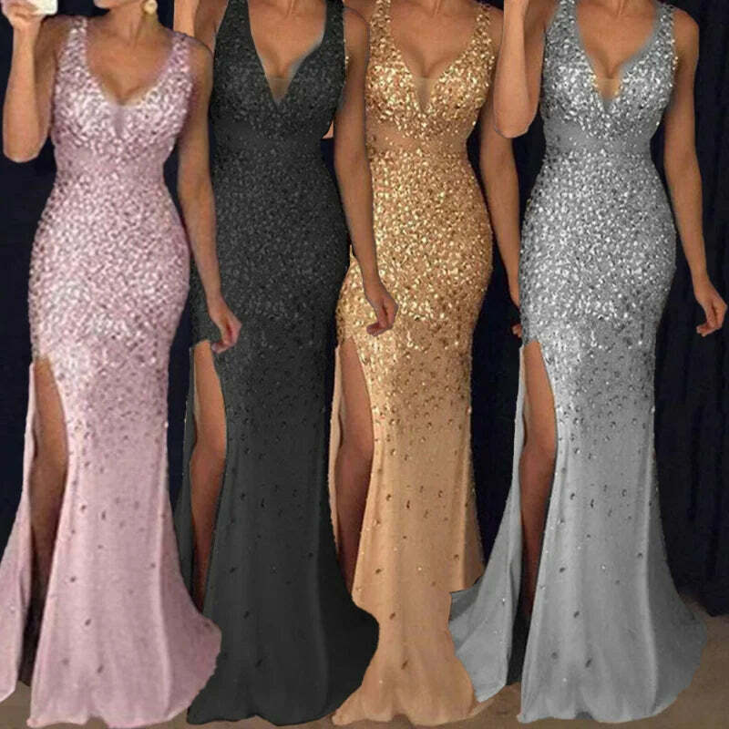 Plus Size Y2K Long Dress With Straps, V-Neck Slit, Gold Sexy Evening Dress, Elegant 90S Fashion