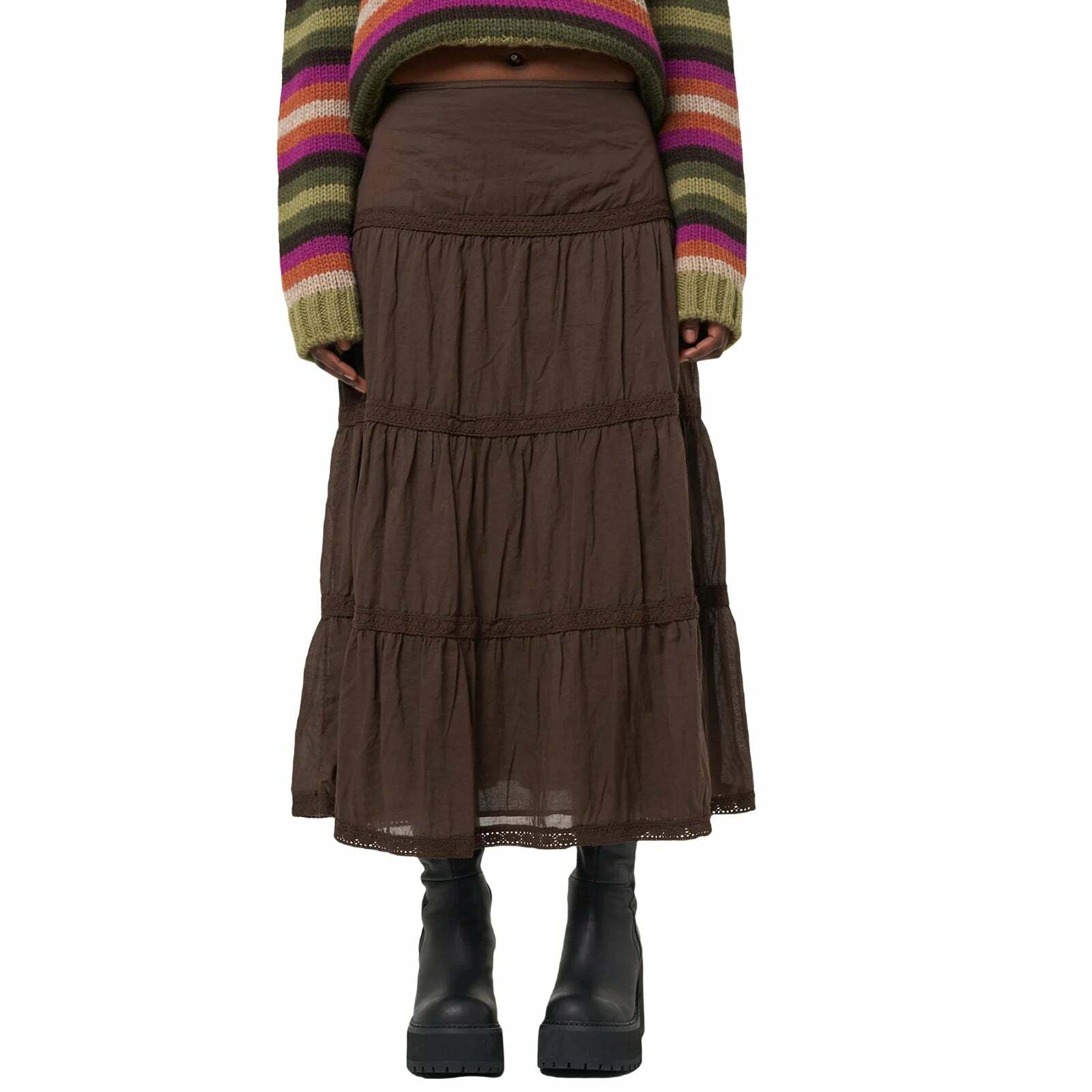 Retro Brown A-Line Long Skirt - Y2K Summer, 90S Grunge, Casual Elastic Waist, Pleated S-L