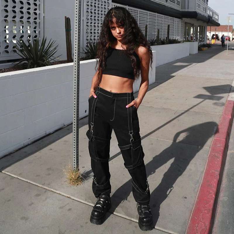 Rockmore High Waist Black Cargo Pants - Y2K Grunge, 90S Fashion, Retro Style, Y2K Summer Outfits