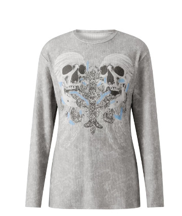 Scarlett Gray Long Sleeve Skull Cross Top - Y2K Grunge, 90S Fashion, Retro Goth Outfit