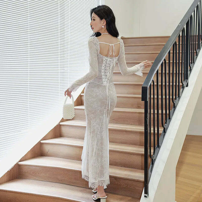 Sexy White Lace Long Sleeve Square Neck Dress - Y2K Summer, 90S Grunge, Retro Party Outfit