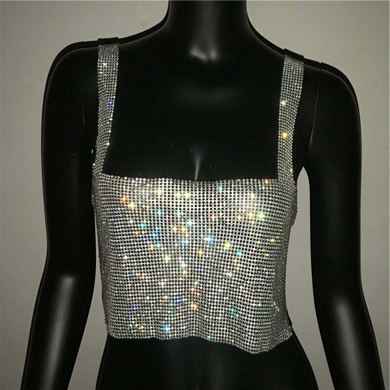 Steela Rhinestone Top - Y2K Summer, 90S Grunge, Retro Party, Y2K Club, Popstar, Gothic Y