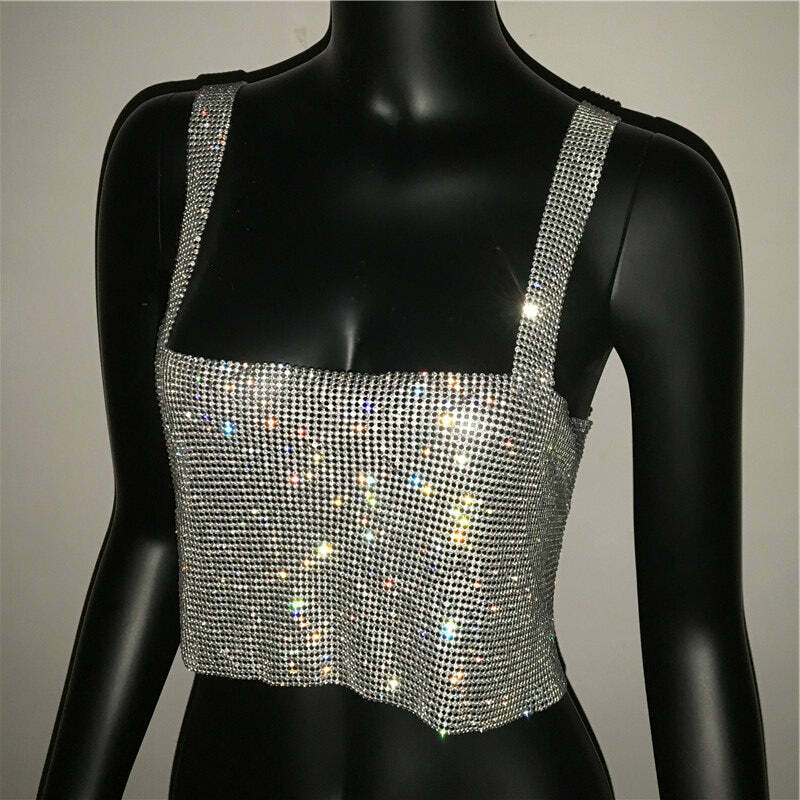 Steela Rhinestone Top - Y2K Summer, 90S Grunge, Retro Party, Y2K Club, Popstar, Gothic Y