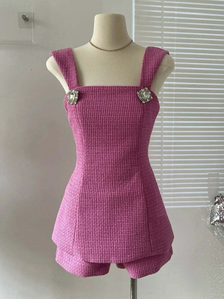 Summer Y2K Two Piece Set: Bowknot Square Collar Camisole & Shorts With Diamond Buttons