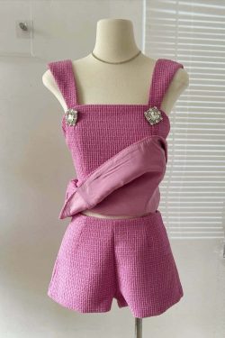 Summer Y2K Two Piece Set: Bowknot Square Collar Camisole & Shorts With Diamond Buttons