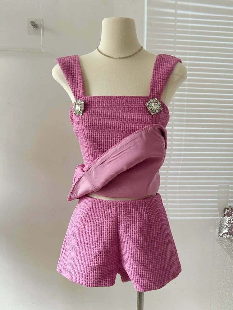 Summer Y2K Two Piece Set: Bowknot Square Collar Camisole & Shorts With Diamond Buttons