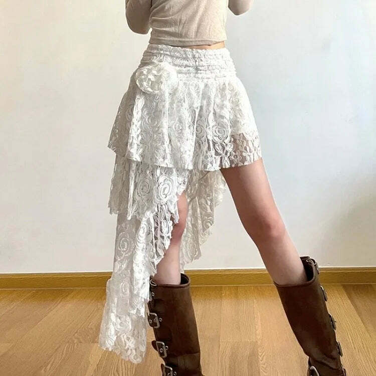 Sweet Rose Y2K Hollow Out White Ruched Cake Skirt - High Waist A-Line Summer E-Girl Fashion