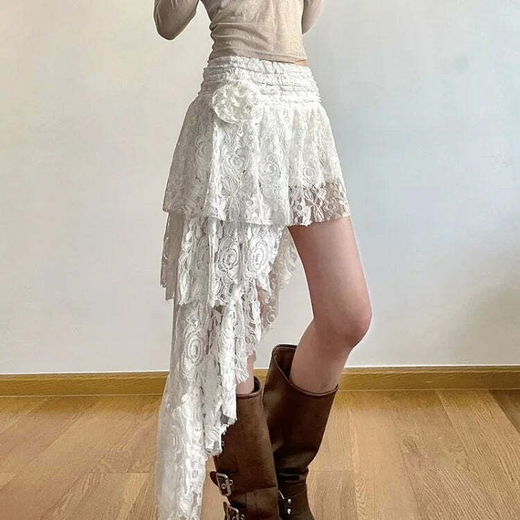 Sweet Rose Y2K Hollow Out White Ruched Cake Skirt - High Waist A-Line Summer E-Girl Fashion