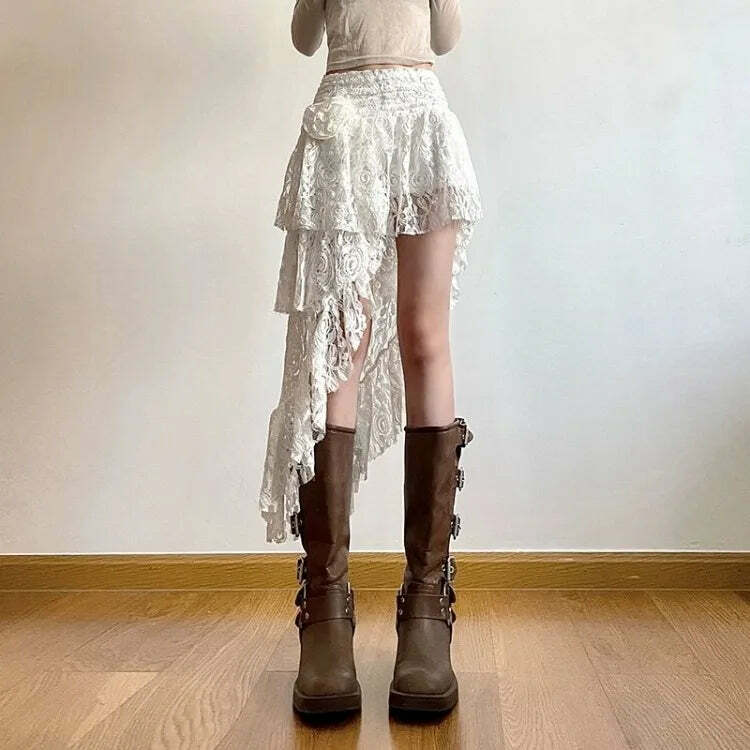 Sweet Rose Y2K Hollow Out White Ruched Cake Skirt - High Waist A-Line Summer E-Girl Fashion