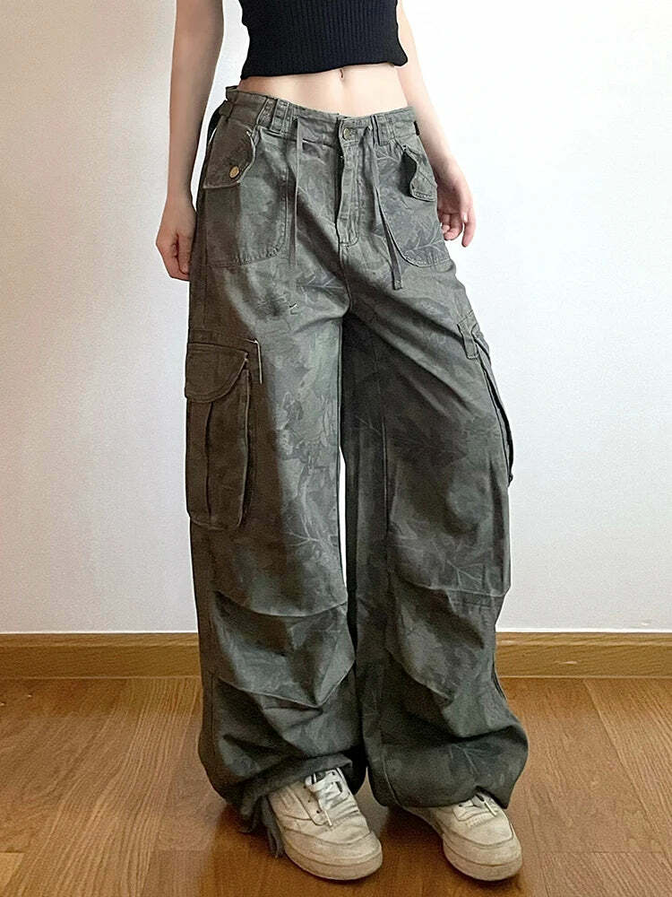 Sweetown Y2K Camouflage Cargo Jeans - Vintage 90S Grunge, Mid Waist, Pockets, Preppy Hippie Style