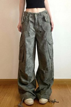 Sweetown Y2K Camouflage Cargo Jeans - Vintage 90S Grunge, Mid Waist, Pockets, Preppy Hippie Style