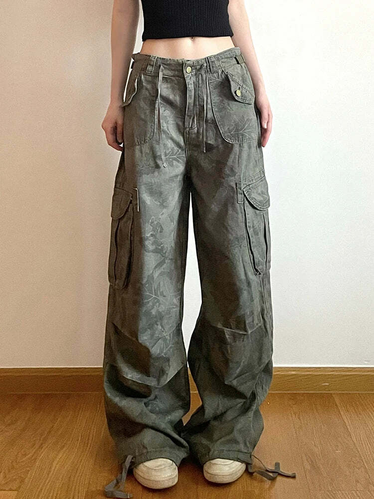 Sweetown Y2K Camouflage Cargo Jeans - Vintage 90S Grunge, Mid Waist, Pockets, Preppy Hippie Style