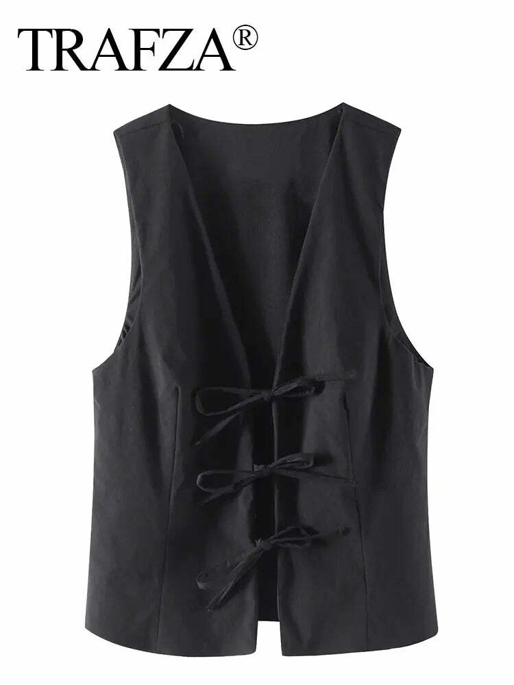 Trafza Y2K Lace Up Vest V Neck Sleeveless Top - Vintage 90S Grunge Summer Party Tank Tops
