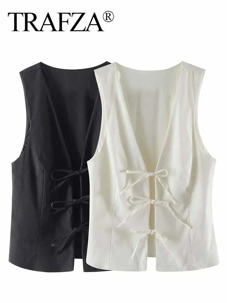 Trafza Y2K Lace Up Vest V Neck Sleeveless Top - Vintage 90S Grunge Summer Party Tank Tops