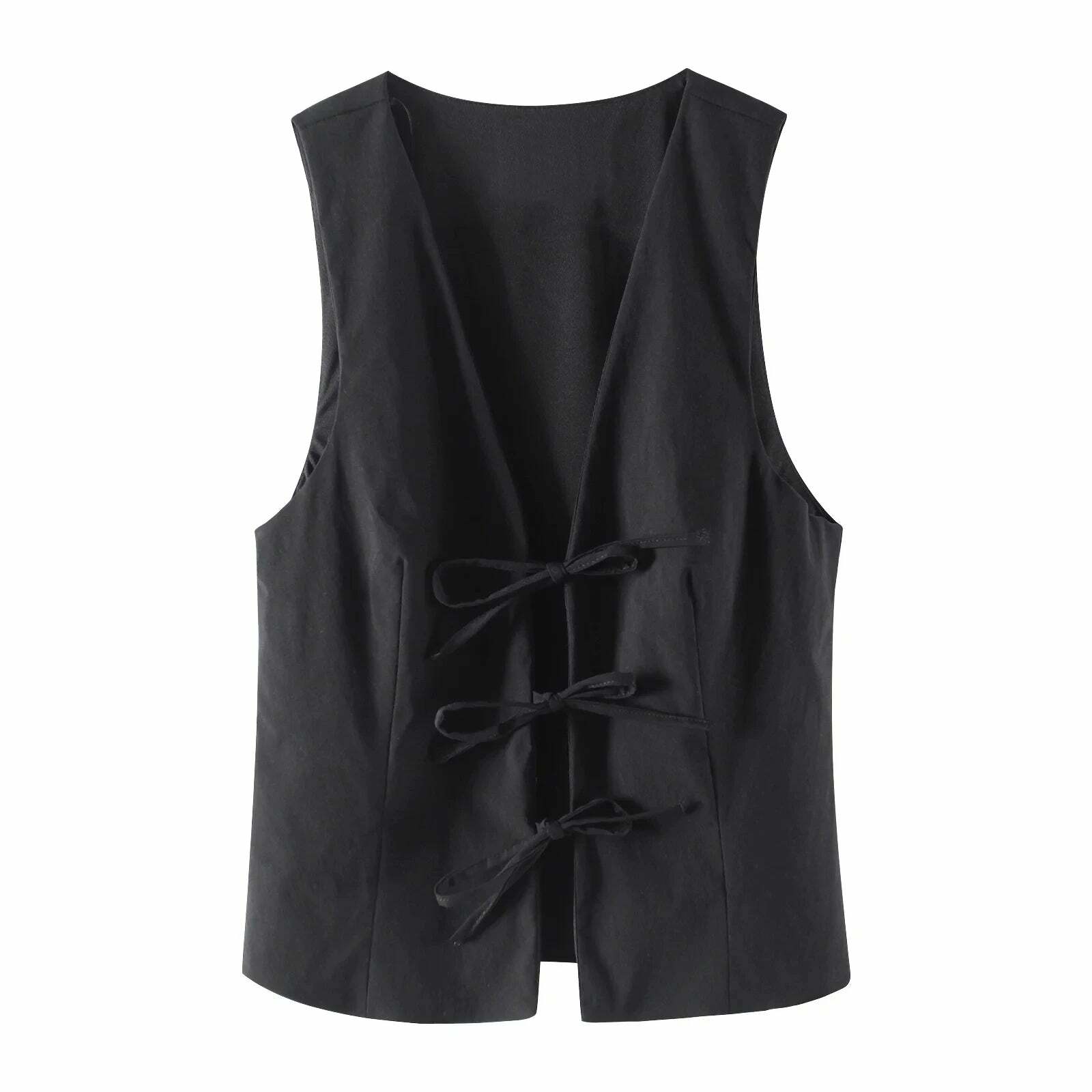 Trafza Y2K Lace Up Vest V Neck Sleeveless Top - Vintage 90S Grunge Summer Party Tank Tops