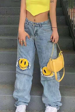 Valentina Smiley Face Jeans - Y2K Grunge 90S Fashion, Retro Summer Outfits, Hip Hop Style