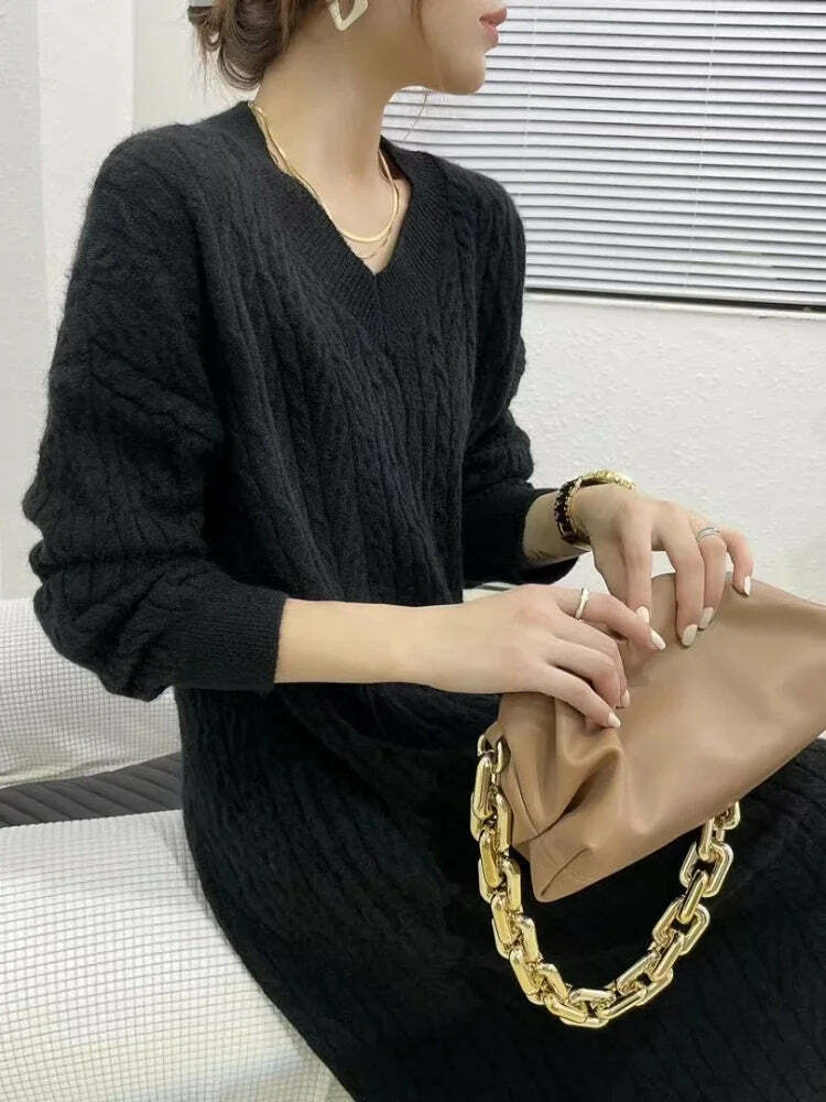 Vintage Elegant V-Neck Knitted Sweater Dress - Y2K & 90S Fashion, Grunge, Retro, Pastel Goth