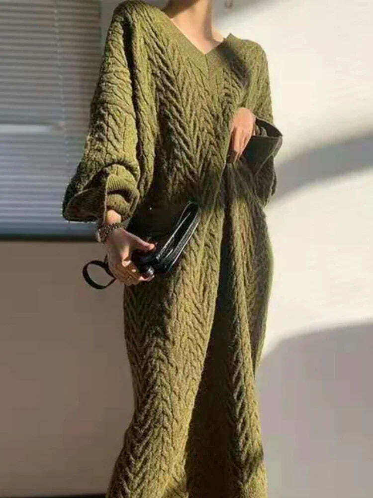 Vintage Elegant V-Neck Knitted Sweater Dress - Y2K & 90S Fashion, Grunge, Retro, Pastel Goth