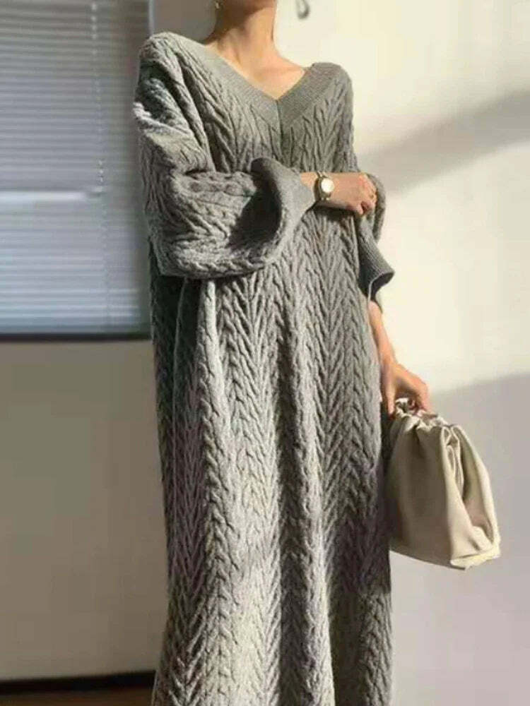 Vintage Elegant V-Neck Knitted Sweater Dress - Y2K & 90S Fashion, Grunge, Retro, Pastel Goth
