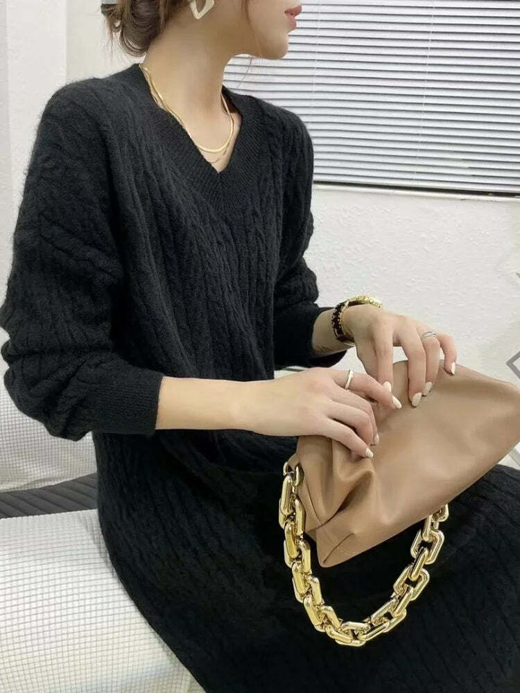 Vintage Elegant V-Neck Knitted Sweater Dress - Y2K & 90S Fashion, Grunge, Retro, Pastel Goth