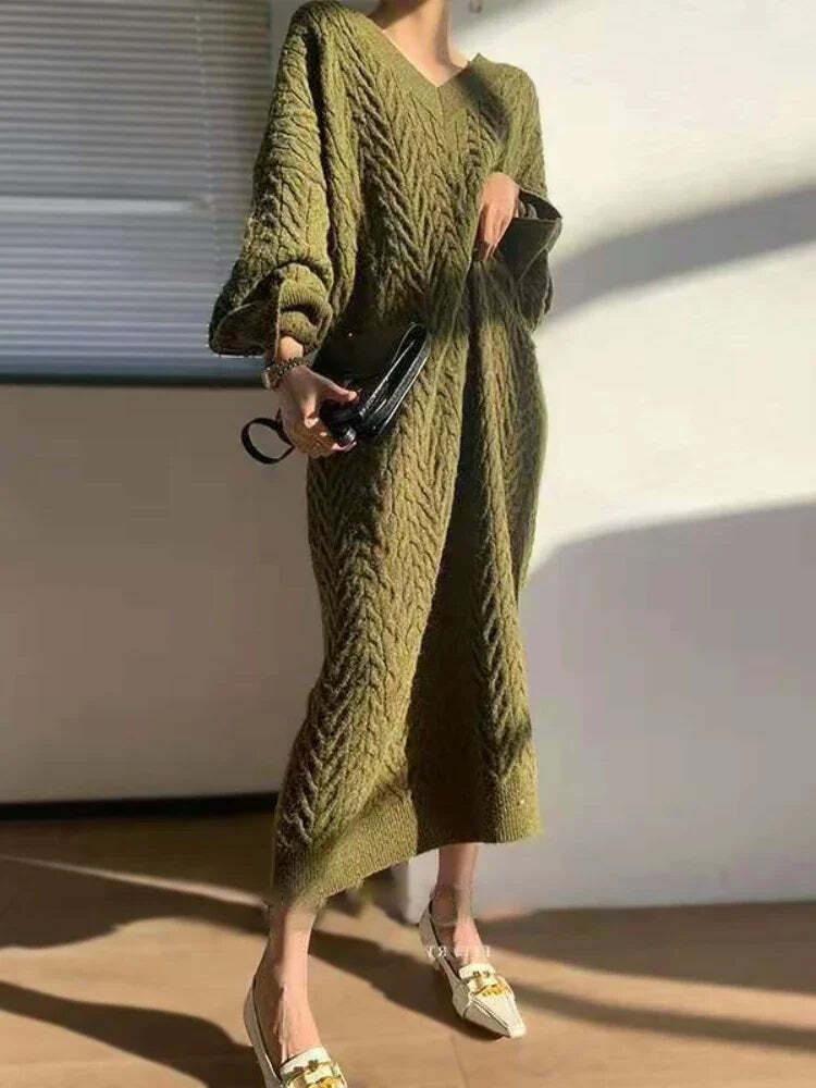 Vintage Elegant V-Neck Knitted Sweater Dress - Y2K & 90S Fashion, Grunge, Retro, Pastel Goth