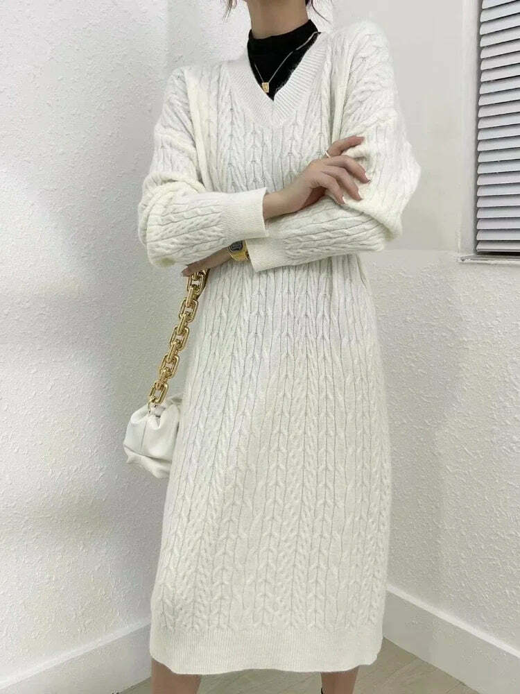 Vintage Elegant V-Neck Knitted Sweater Dress - Y2K & 90S Fashion, Grunge, Retro, Pastel Goth