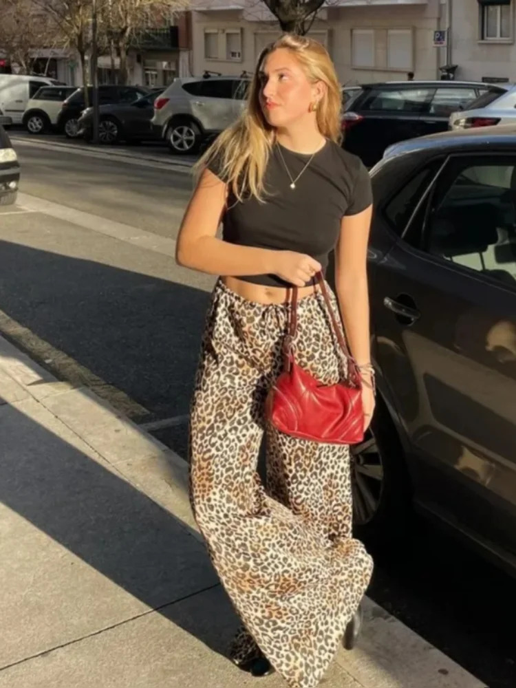 Vintage Leopard Print Wide Leg Pants - Y2K Summer Grunge 90S Fashion Retro Streetwear