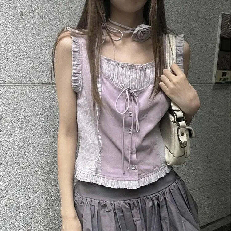 Vintage Y2K Summer Ruffle Patchwork Tank Top - 90S Grunge Harajuku Sleeveless Slim Fit