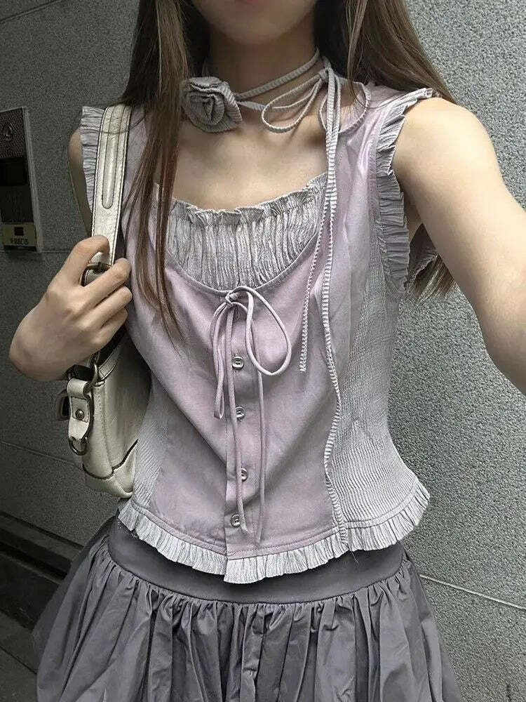 Vintage Y2K Summer Ruffle Patchwork Tank Top - 90S Grunge Harajuku Sleeveless Slim Fit