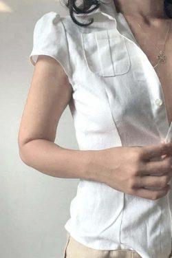 Vintage Y2K White Button-Up Crop Top - Short Sleeve Blouse With Pockets, Korean Style Streetwear