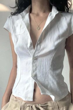 Vintage Y2K White Button-Up Crop Top - Short Sleeve Blouse With Pockets, Korean Style Streetwear