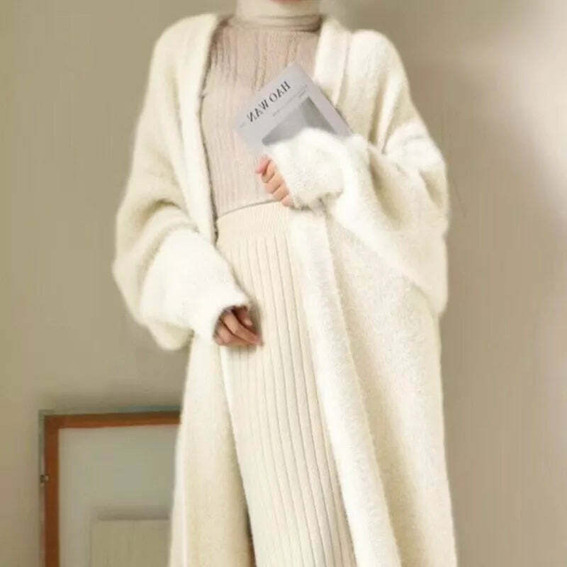 White Long Cardigan - Y2K Grunge, 90S Retro, Knitted Fluffy Cashmere Sweater Coat, Vintage Style