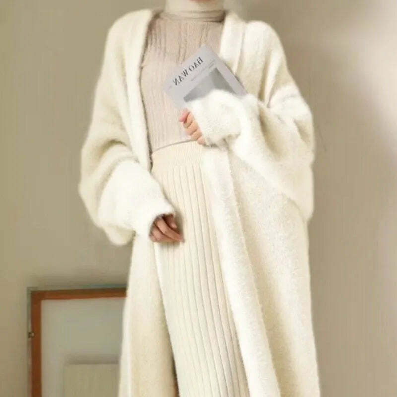 White Long Cardigan - Y2K Grunge, 90S Retro, Knitted Fluffy Cashmere Sweater Coat, Vintage Style