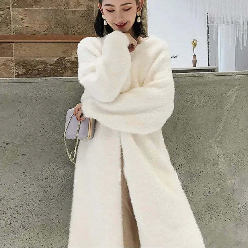 White Long Cardigan - Y2K Grunge, 90S Retro, Knitted Fluffy Cashmere Sweater Coat, Vintage Style