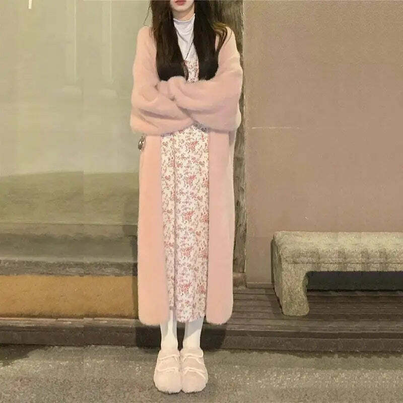 White Long Cardigan - Y2K Grunge, 90S Retro, Knitted Fluffy Cashmere Sweater Coat, Vintage Style
