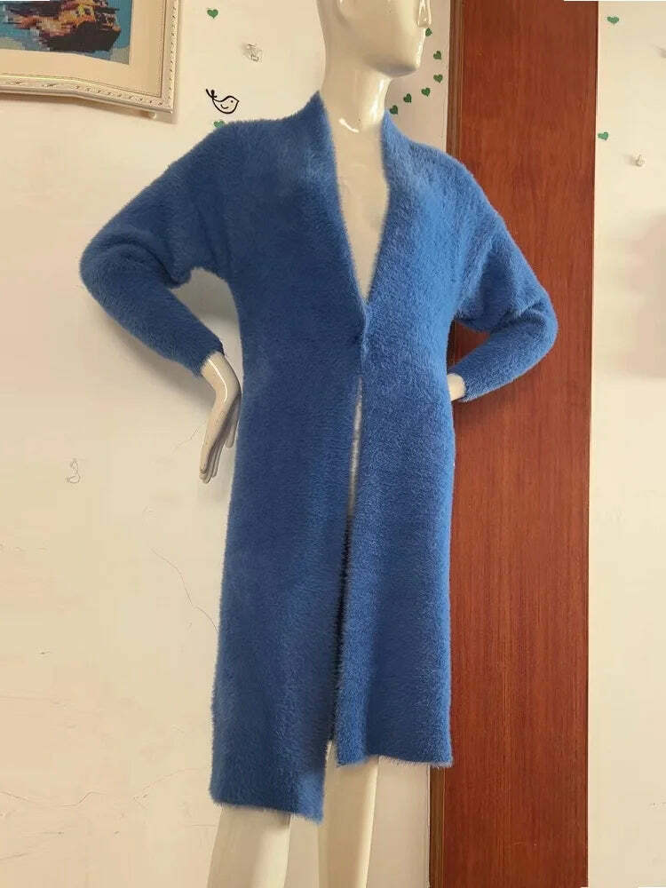 White Long Cardigan - Y2K Grunge, 90S Retro, Knitted Fluffy Cashmere Sweater Coat, Vintage Style