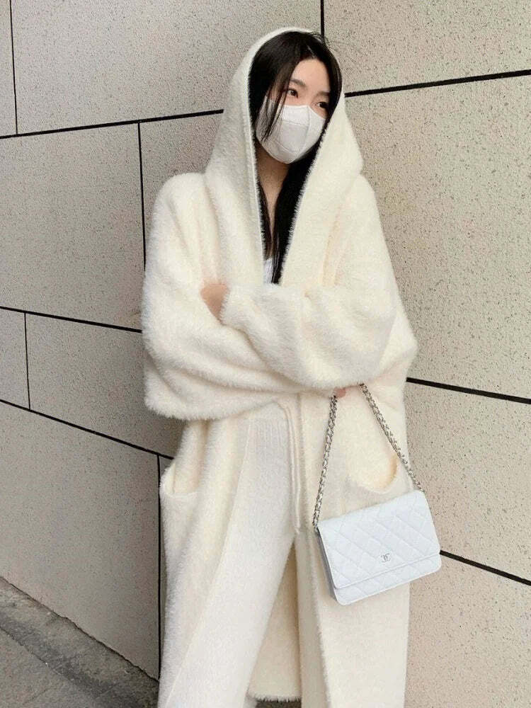 White Long Cardigan - Y2K Grunge, 90S Retro, Knitted Fluffy Cashmere Sweater Coat, Vintage Style