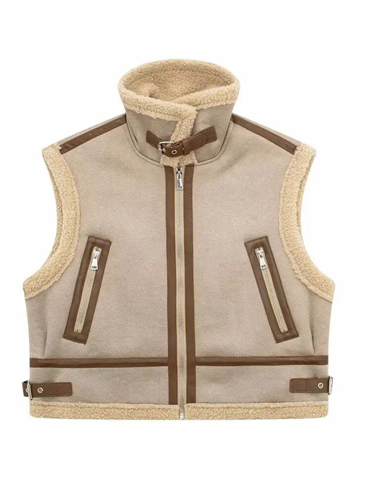Winter Women Y2K Faux Fur Patchwork Bomber Jacket - 90S Grunge Cropped Zip-Up Fleece Coat