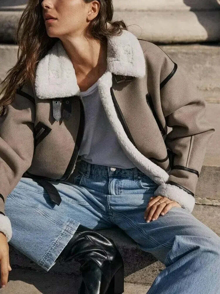 Winter Women Y2K Faux Fur Patchwork Bomber Jacket - 90S Grunge Cropped Zip-Up Fleece Coat