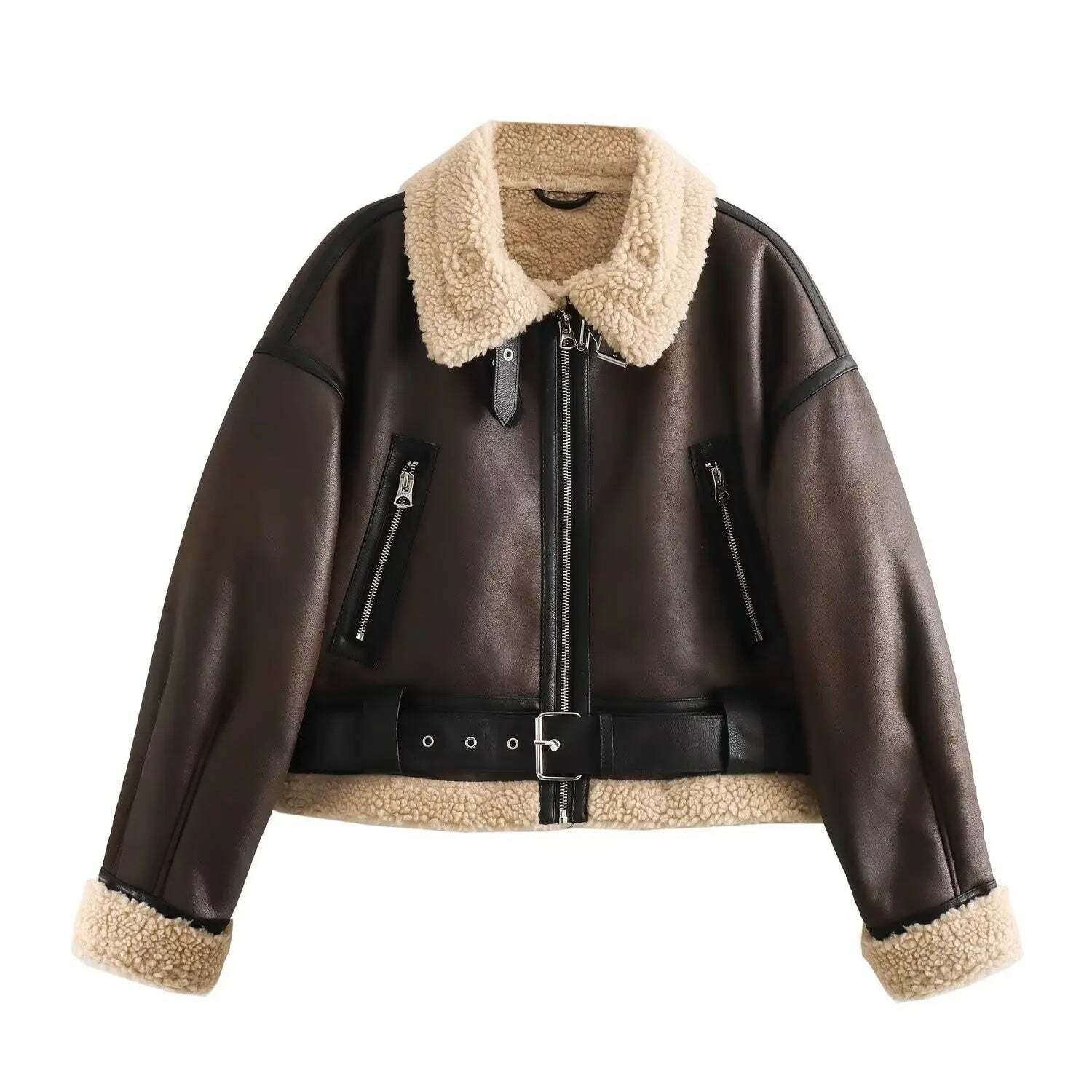 Winter Women Y2K Faux Fur Patchwork Bomber Jacket - 90S Grunge Cropped Zip-Up Fleece Coat