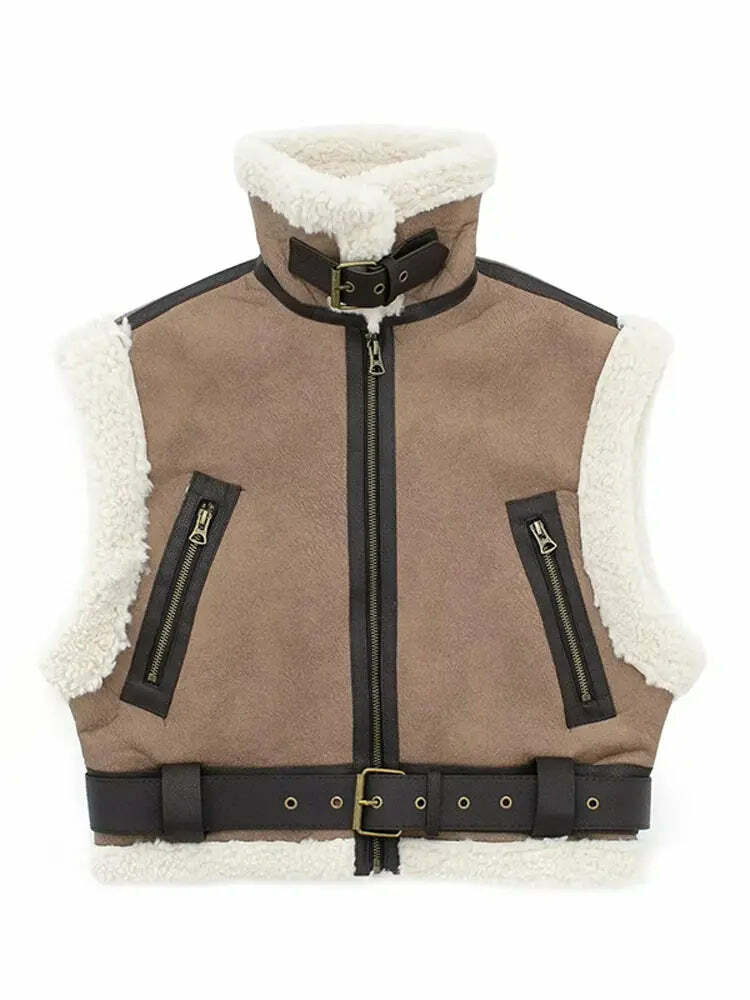Winter Women Y2K Faux Fur Patchwork Bomber Jacket - 90S Grunge Cropped Zip-Up Fleece Coat