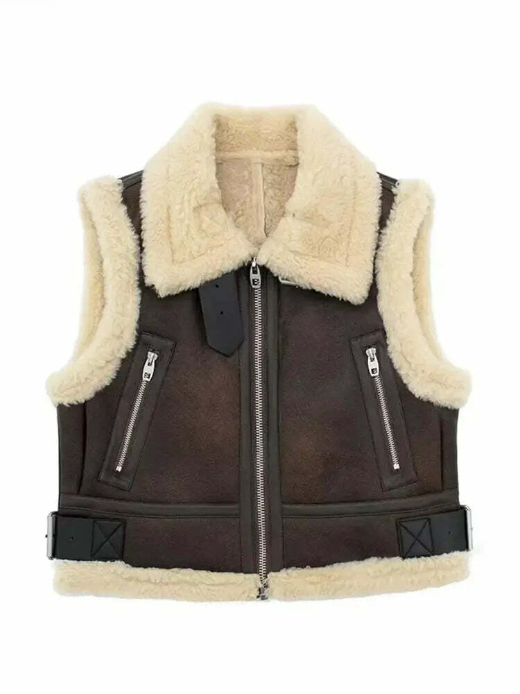 Winter Women Y2K Faux Fur Patchwork Bomber Jacket - 90S Grunge Cropped Zip-Up Fleece Coat
