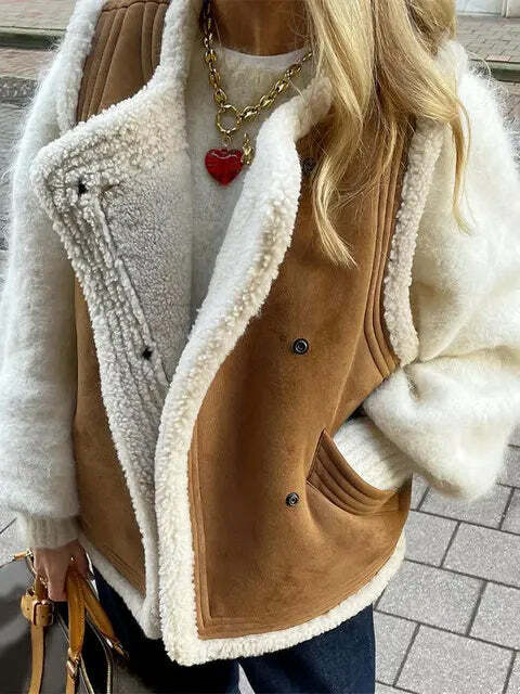 Winter Women Y2K Faux Fur Patchwork Bomber Jacket - 90S Grunge Cropped Zip-Up Fleece Coat