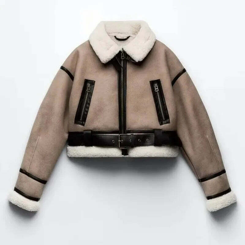 Winter Women Y2K Faux Fur Patchwork Bomber Jacket - 90S Grunge Cropped Zip-Up Fleece Coat