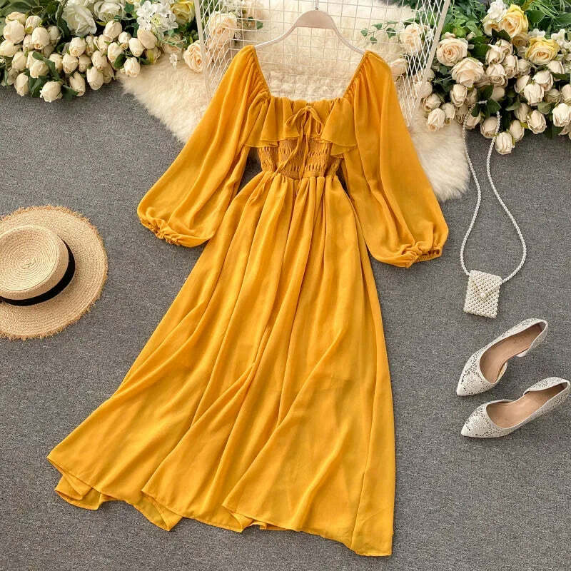 Woherb Y2K Summer Maxi Dress - Square Collar, Puff Sleeve, Vintage Chiffon Ruffle, 90S Grunge Style