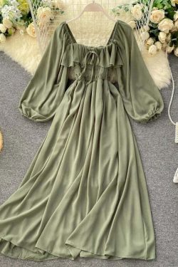 Woherb Y2K Summer Maxi Dress - Square Collar, Puff Sleeve, Vintage Chiffon Ruffle, 90S Grunge Style