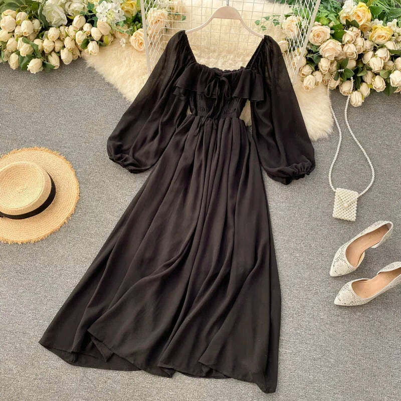Woherb Y2K Summer Maxi Dress - Square Collar, Puff Sleeve, Vintage Chiffon Ruffle, 90S Grunge Style